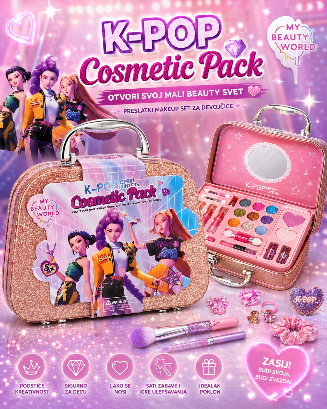 K-POP Cosmetic Pack – dečiji makeup set u roze-zlatnom koferčiću