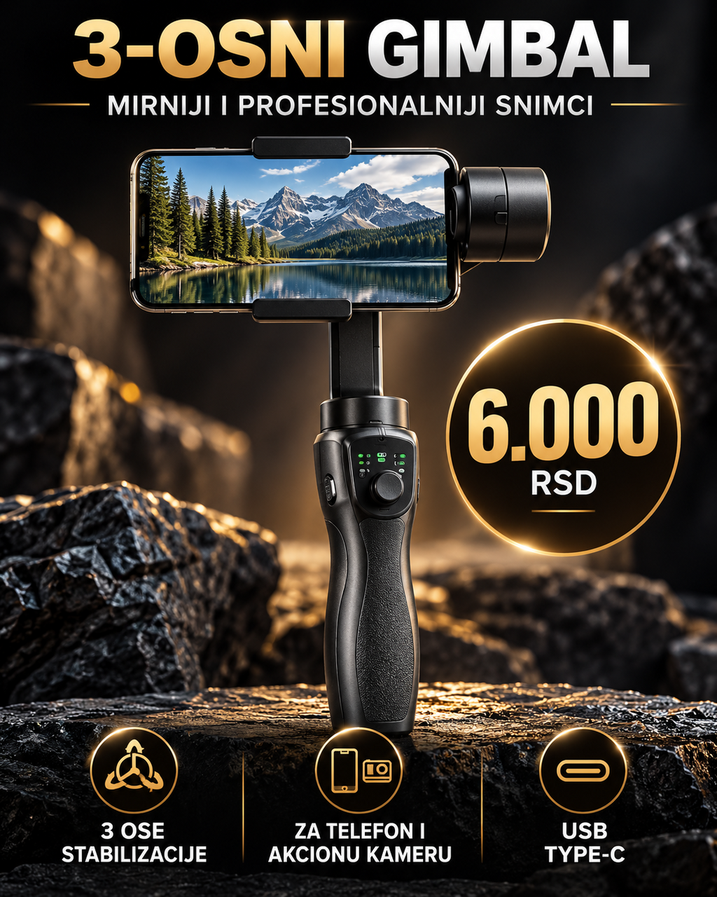 3-osni gimbal za mirnije i profesionalnije snimke, kompatibilan sa telefonom i akcionom kamerom