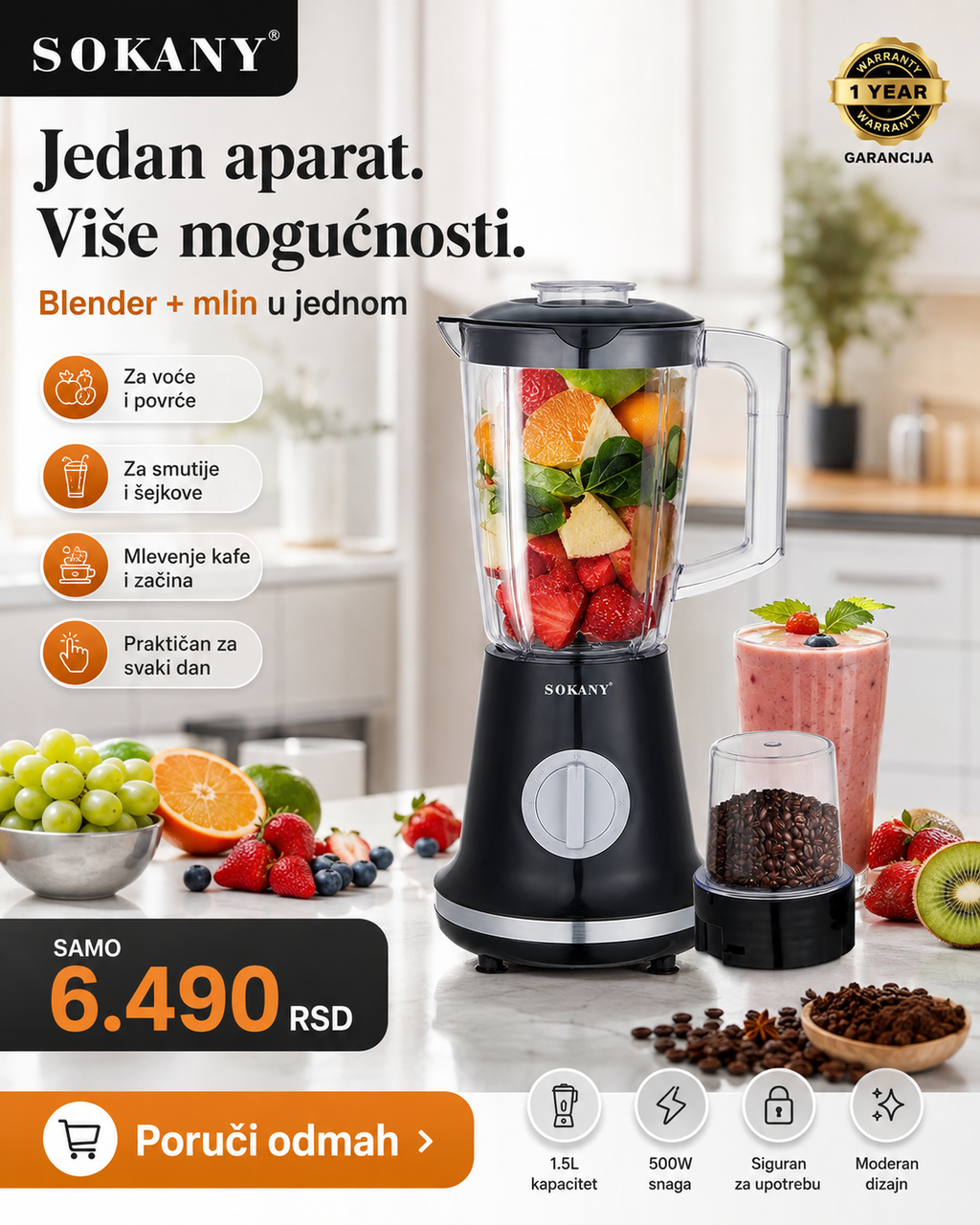 SOKANY BlendPro 2u1 – Blender + mlin za svakodnevnu pripremu | 1.5 L