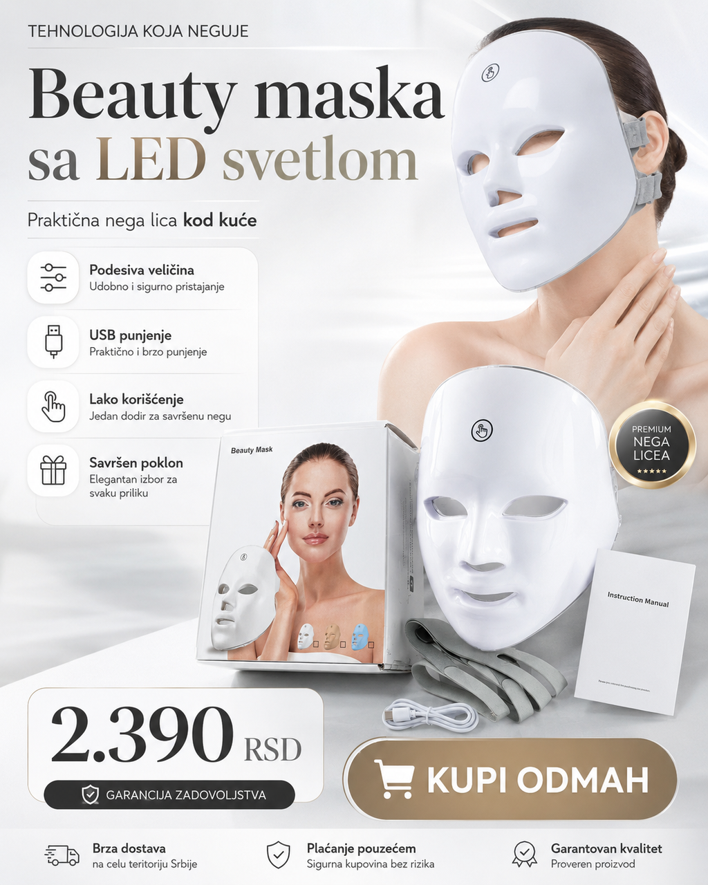 LED Beauty maska za lice – kućna svetlosna nega sa USB punjenjem