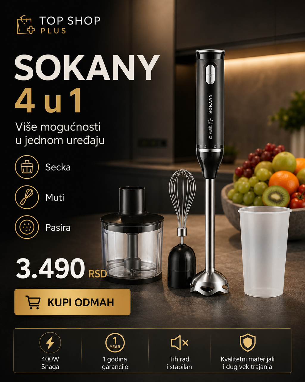 SOKANY 4 u 1 ručni blender set – blender, seckalica, mutilica i posuda