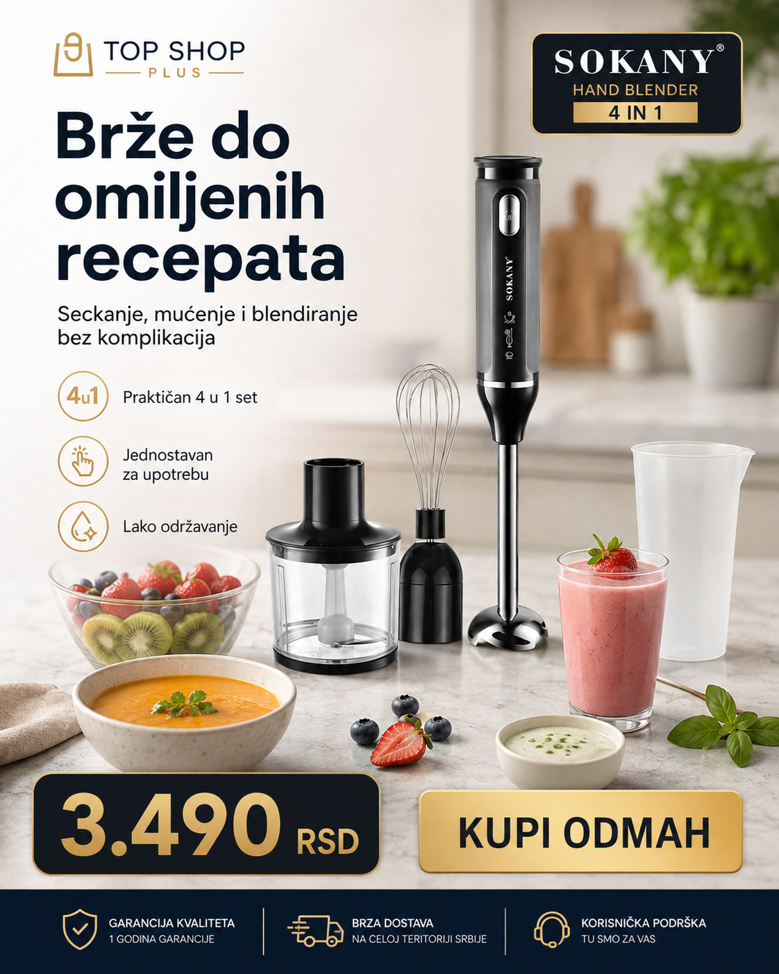 SOKANY 4 u 1 ručni blender set – blender, seckalica, mutilica i posuda