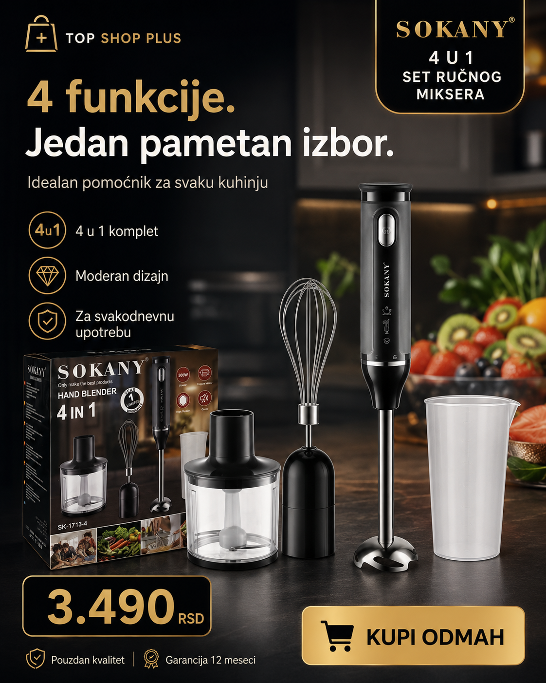 SOKANY 4 u 1 ručni blender set – blender, seckalica, mutilica i posuda