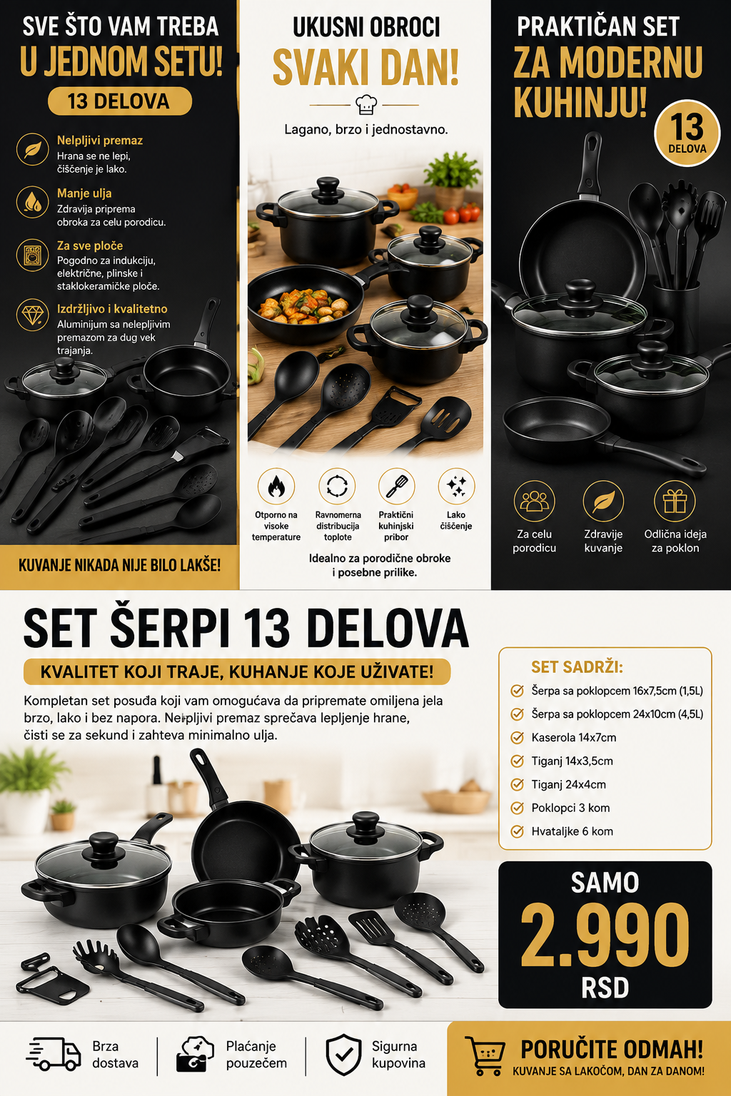 Premium set posuđa 13 delova – šerpe, tiganji, poklopci i kuhinjski pribor