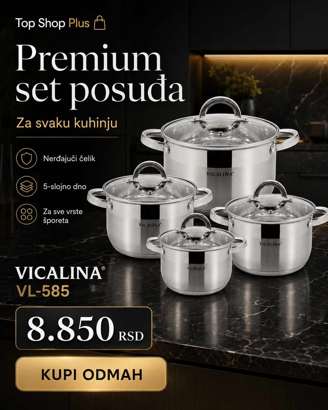 VICALINA VL-585 Premium set šerpi 4/1 – nerđajući čelik, 5-slojno dno i stakleni poklopci