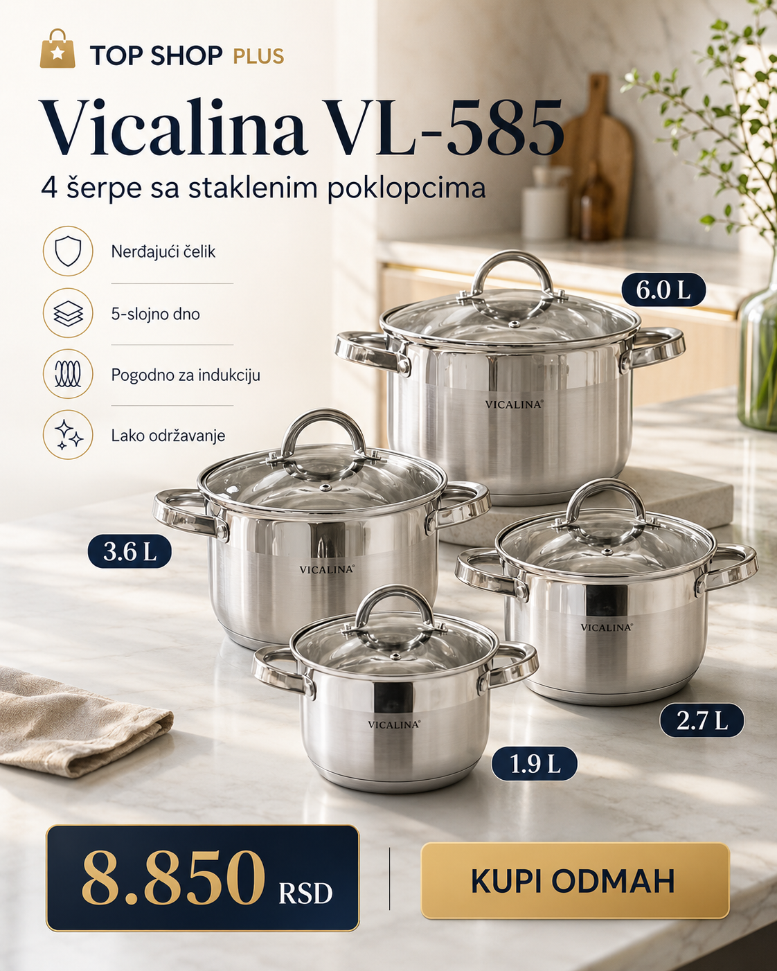 VICALINA VL-585 Premium set šerpi 4/1 – nerđajući čelik, 5-slojno dno i stakleni poklopci