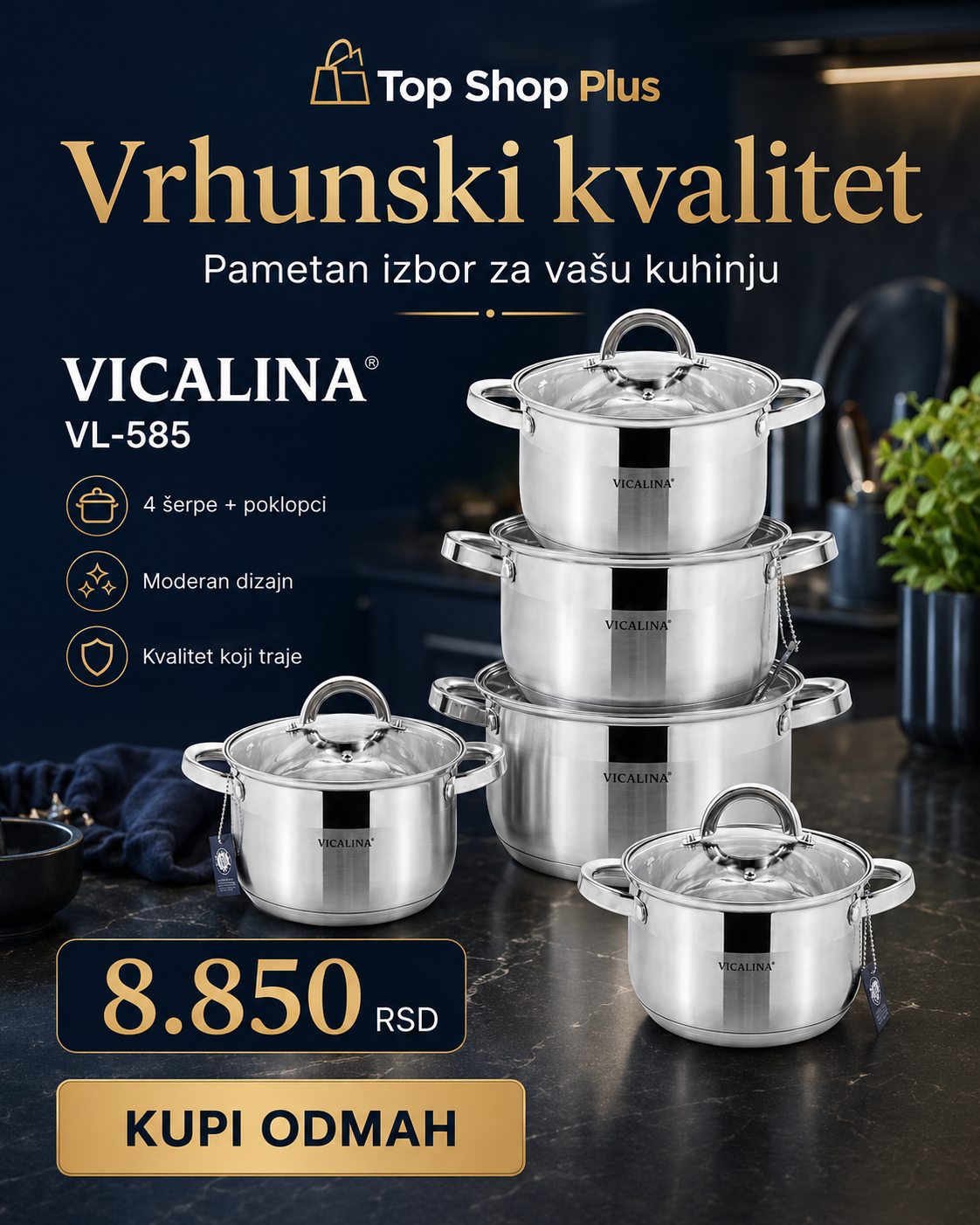 VICALINA VL-585 Premium set šerpi 4/1 – nerđajući čelik, 5-slojno dno i stakleni poklopci