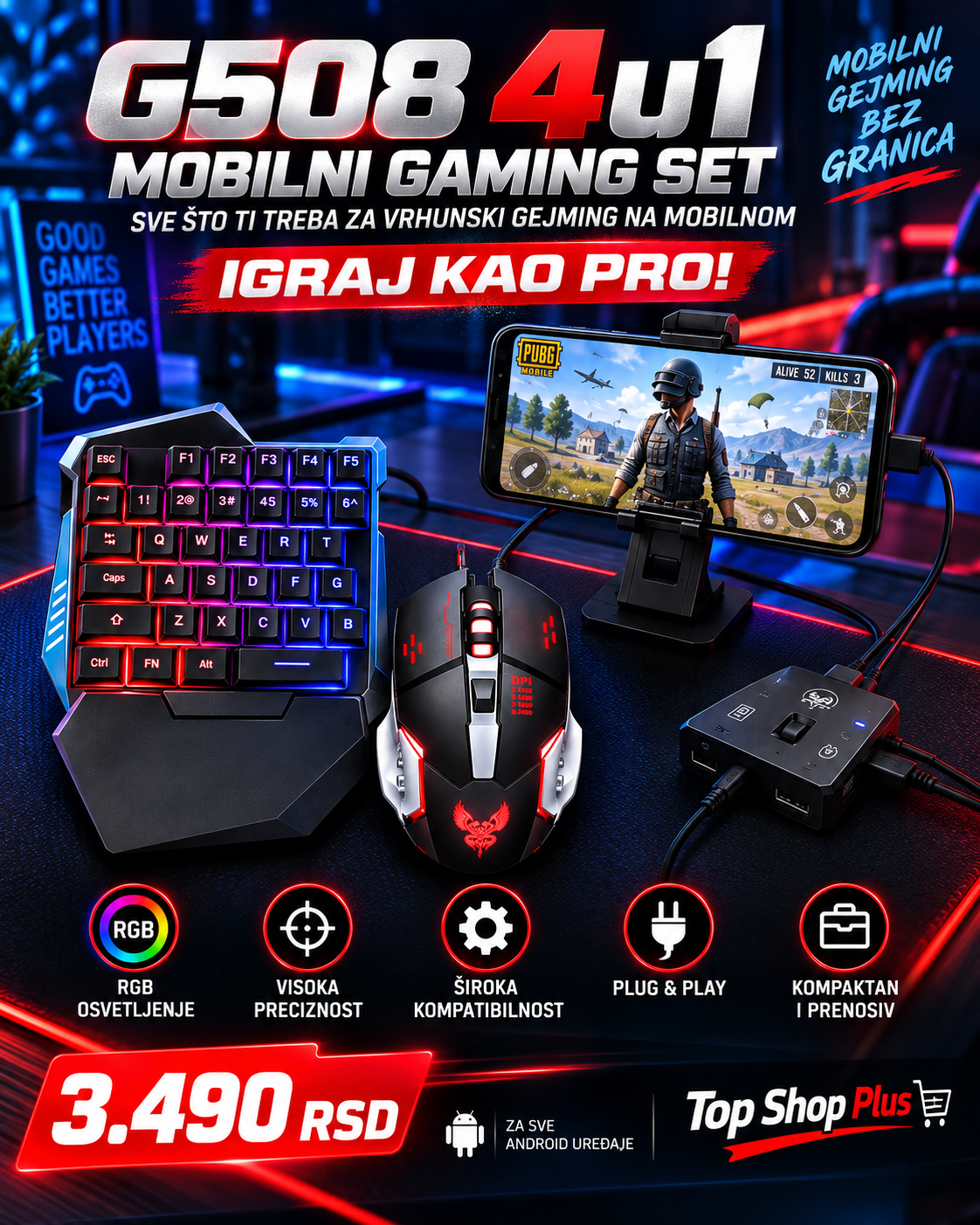 G508 4u1 Mobilni Gaming Combo Set – RGB tastatura, miš, konverter i držač za telefon