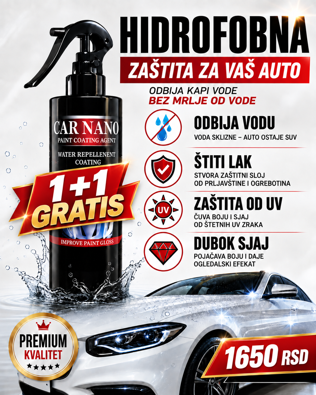CAR NANO sprej za zaštitu i sjaj auto-laka – hidrofobni premaz 200 ml
