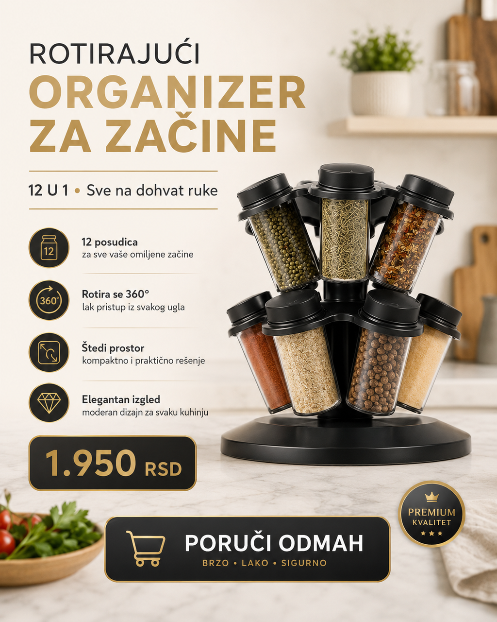 Rotirajući stalak za začine 12u1 – 12 posudica, 360° organizacija za kuhinju