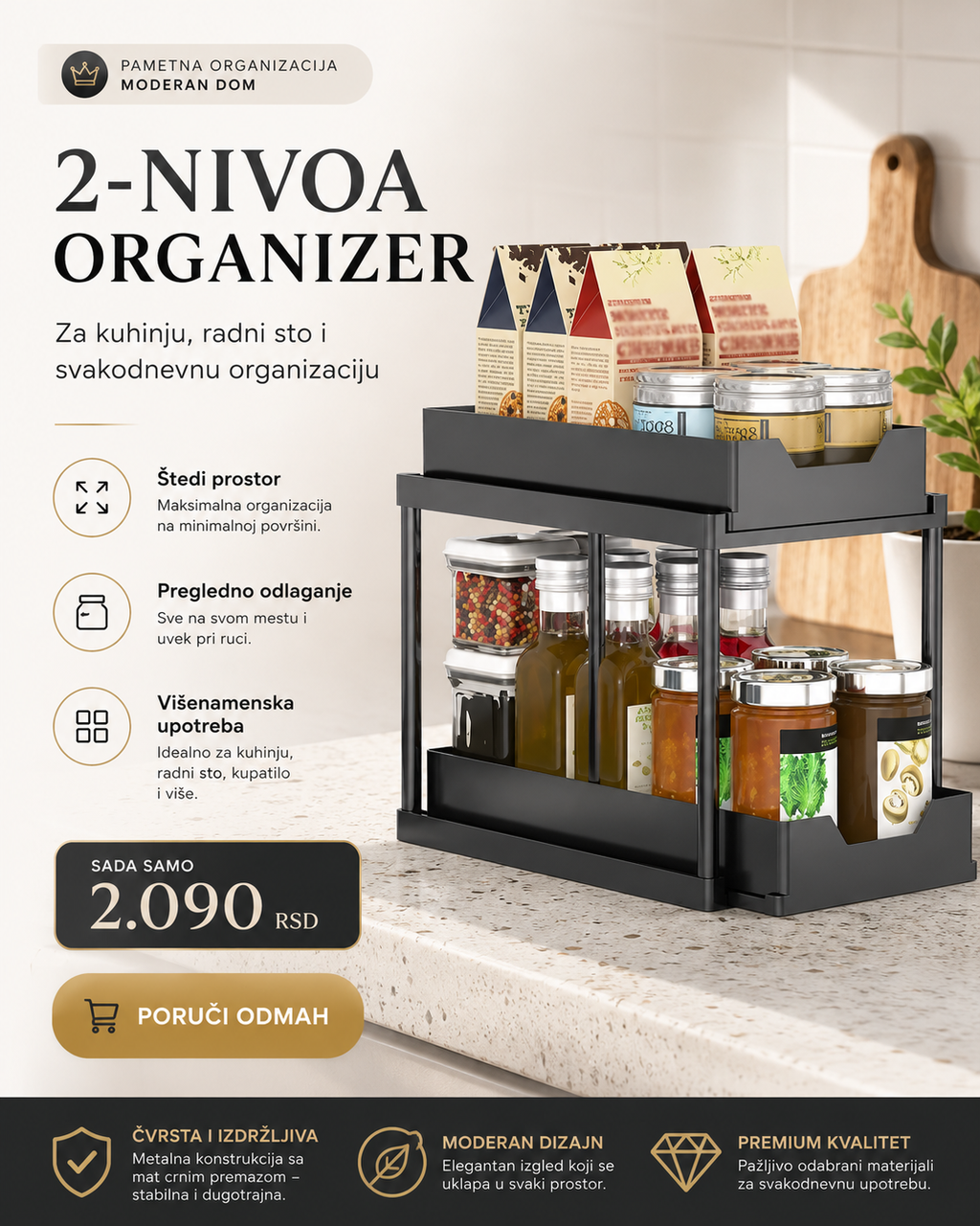 Multifunkcionalni organizer u 2-nivoa  – za kuhinju, radni sto i kupatilo