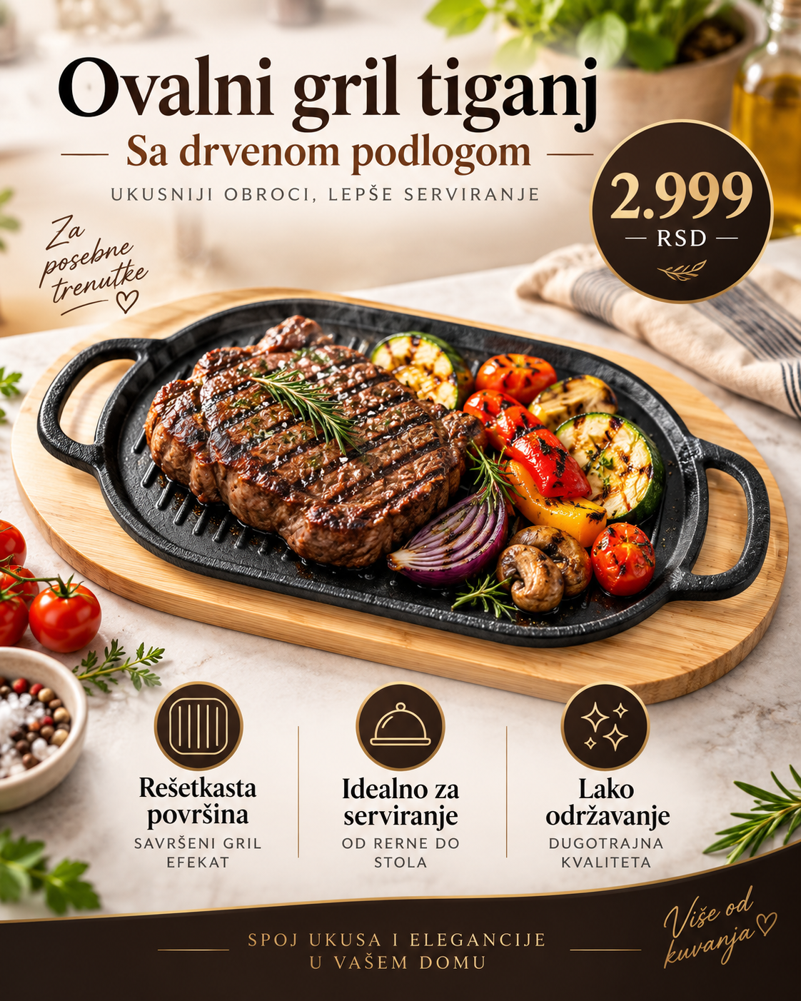 Ovalna Grill Posuda od Livenog Gvožđa sa Drvenim Podmetačem – Za Pečenje i Serviranje