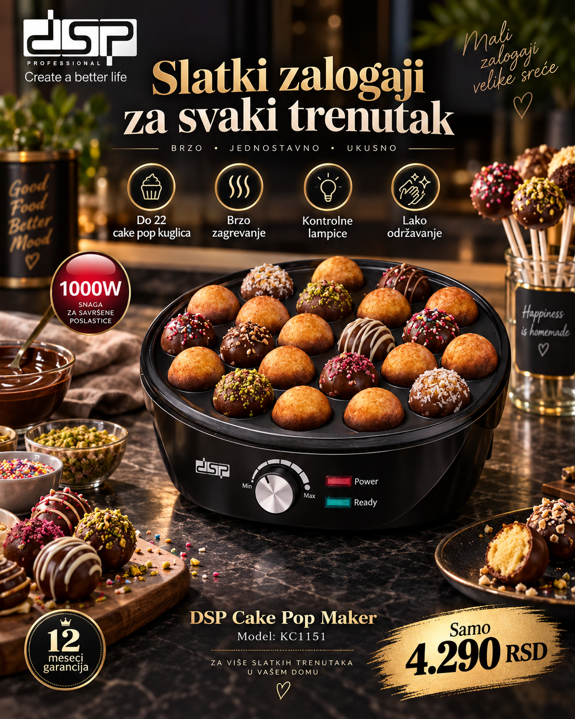 DSP Cake Pop Maker 1000W – Aparat za 22 Cake Pop Kuglice | Brza Priprema Poslastica