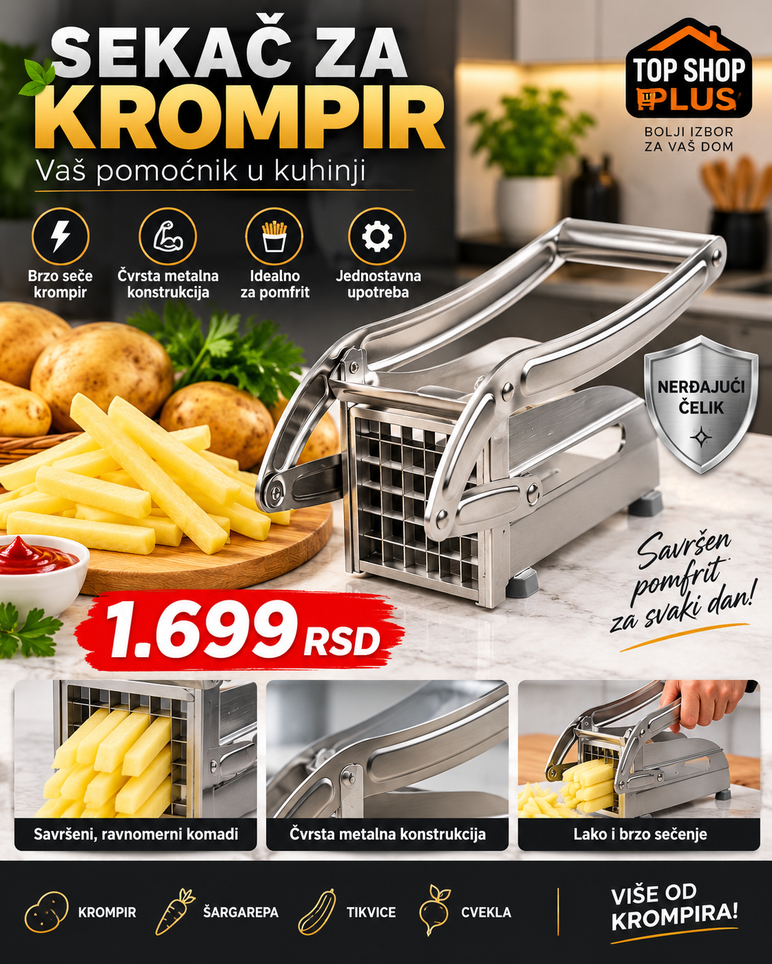 Potato Chipper – Ručni Secko za Pomfrit | Brzo i Jednako Sečenje Krompira