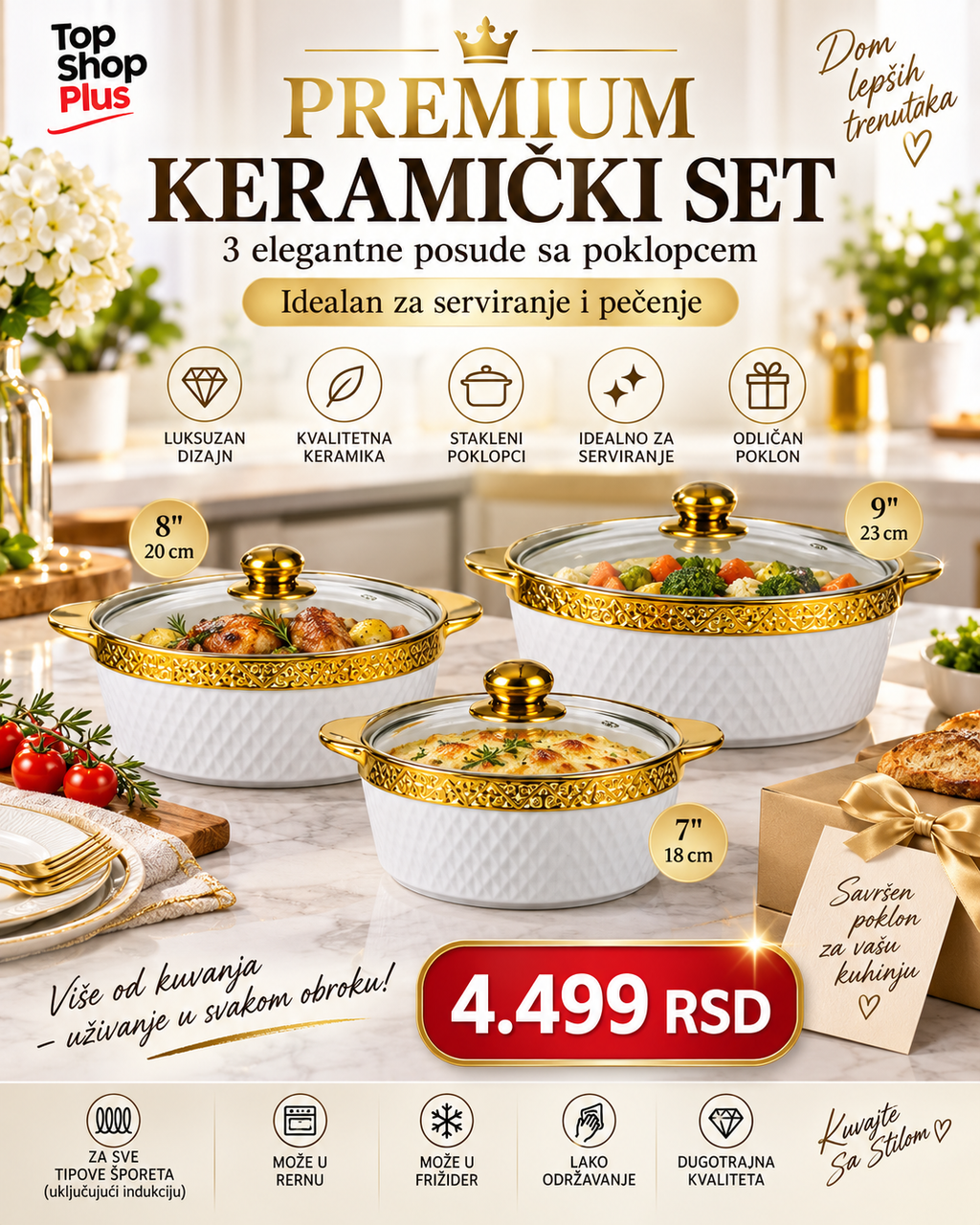 Premium Keramički Set Šerpi 3/1 – 7", 8" i 9" | Belo-Zlatni Dizajn