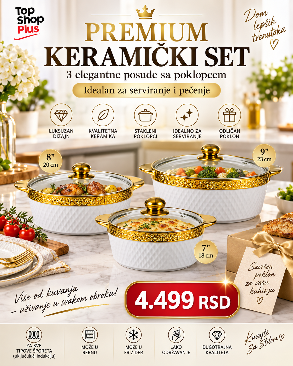 Premium Keramički Set Šerpi 3/1 – 7", 8" i 9" | Belo-Zlatni Dizajn