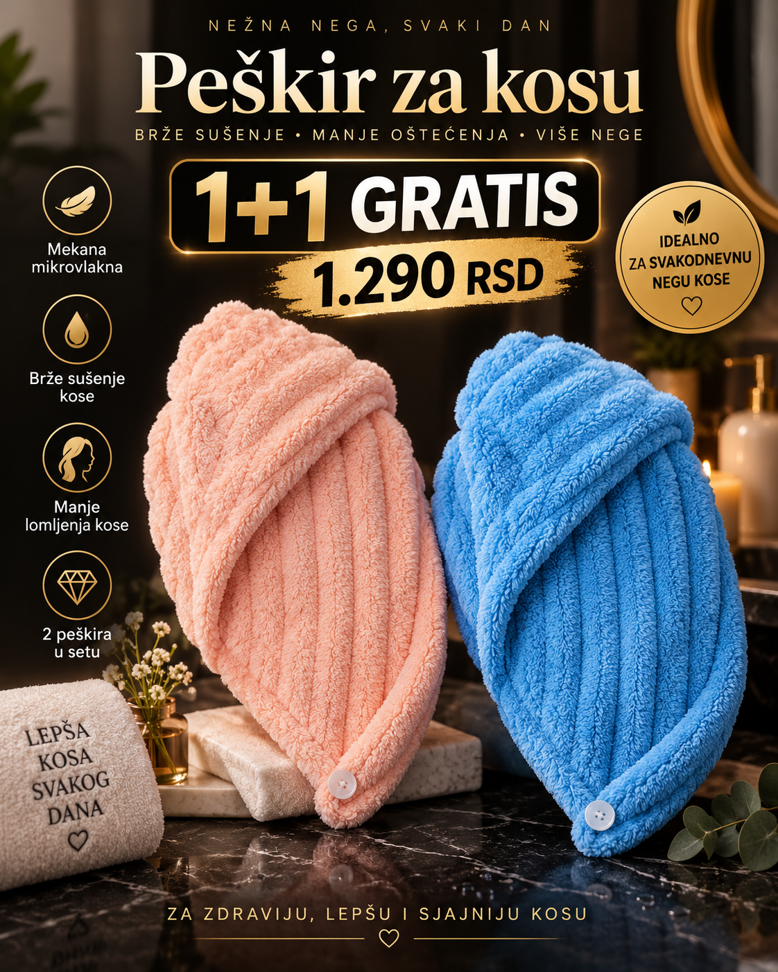 Turban Peškir za Kosu 1+1 GRATIS – 2 Mekana Peškira za Brže Sušenje Kose