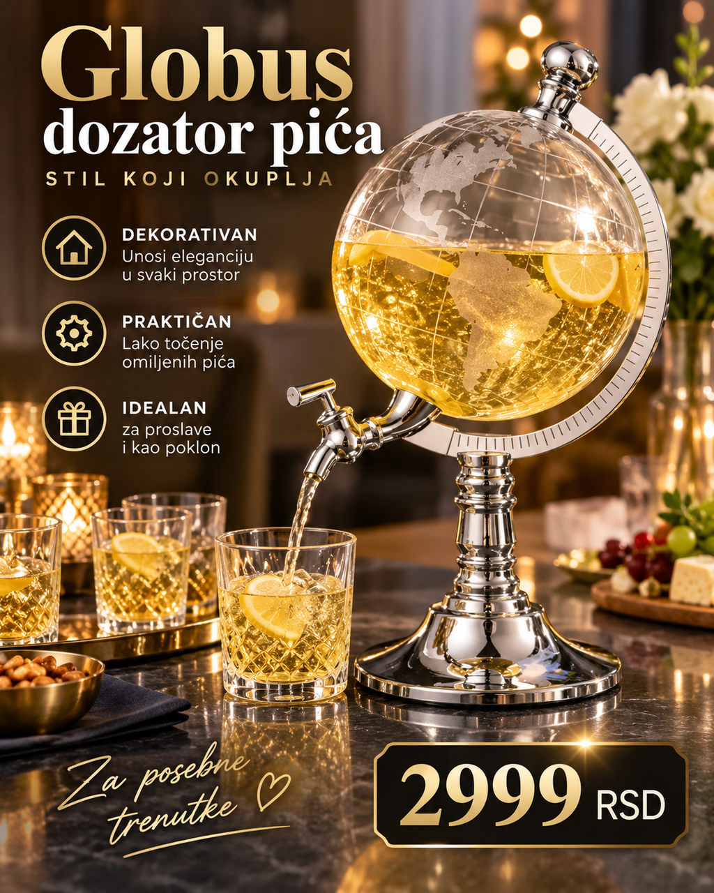 Globe Drink Dispenser 3,5 L – Premium Dispanzer za Piće sa Slavininom i Dekorativnim Globus Dizajnom