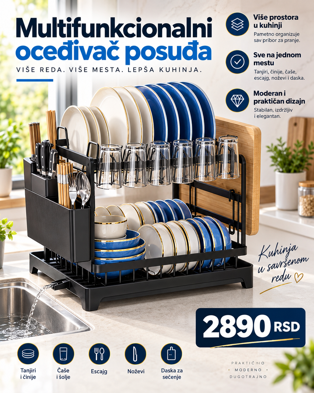 Multifunkcionalni Oceđivač Posuđa – Organizator za Tanjire, Čaše, Pribor i Daske
