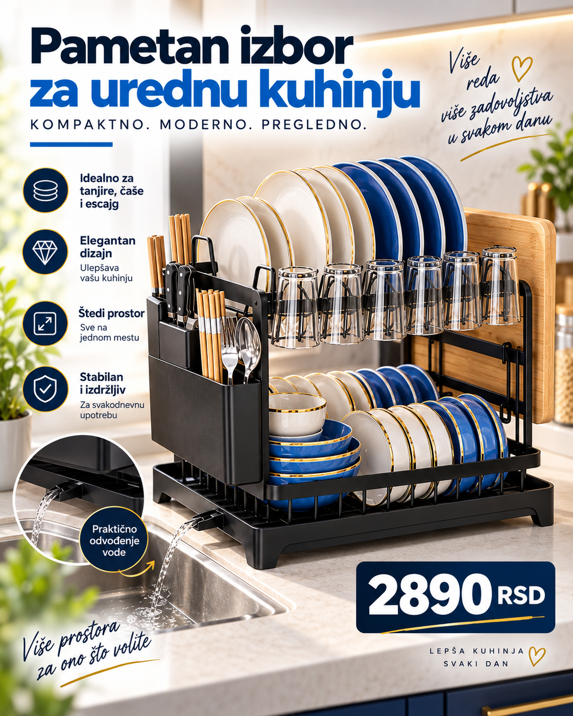 Multifunkcionalni Oceđivač Posuđa – Organizator za Tanjire, Čaše, Pribor i Daske