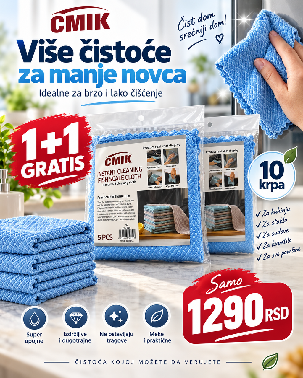 Premium Krpe za Čišćenje 5+5 GRATIS – 10 Višenamenskih Krpa za Kuhinju, Staklo i Dom