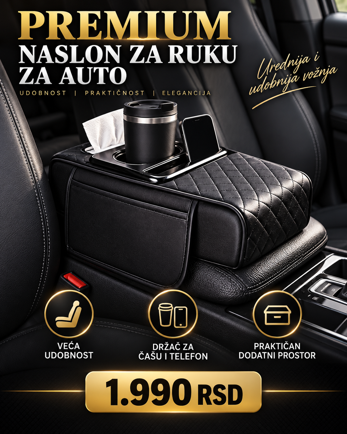 Premium Naslon za Ruku za Auto – Organizator sa Držačem za Čašu, Telefon i Dodatnim Prostorom