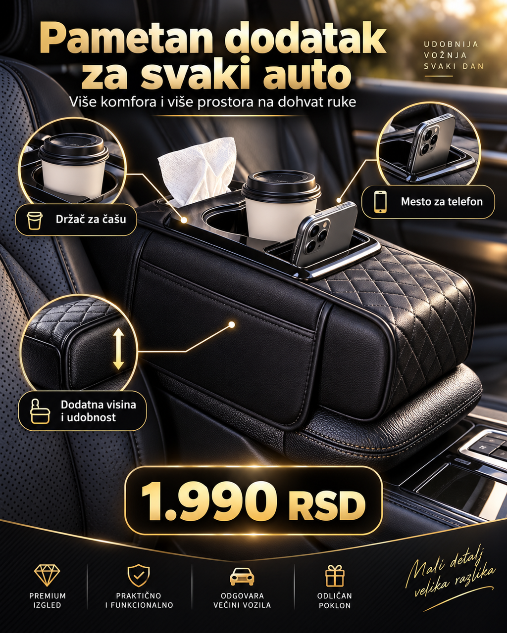 Premium Naslon za Ruku za Auto – Organizator sa Držačem za Čašu, Telefon i Dodatnim Prostorom