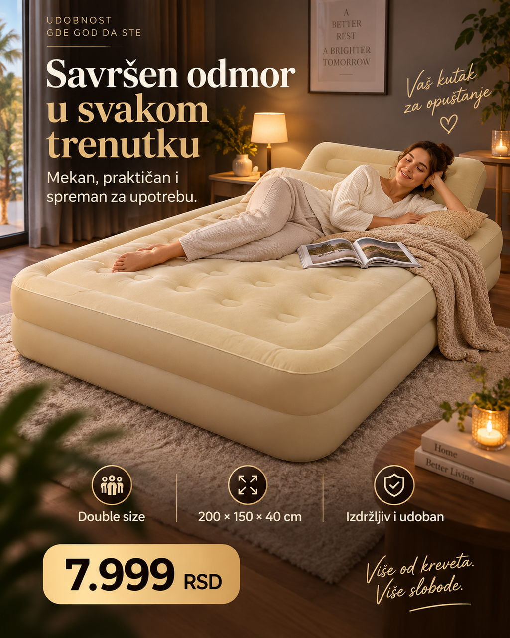 Leedsooy Vazdušni Krevet Double Size 200 × 150 × 40 cm – Visoki Dupli Krevet na Naduvavanje