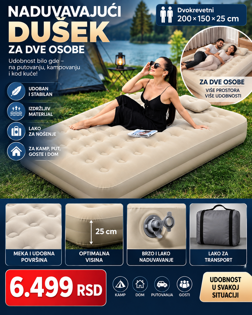 Leedsooy Vazdušni Krevet Double Size 200 × 150 × 25 cm – Praktičan Dupli Krevet na Naduvavanje