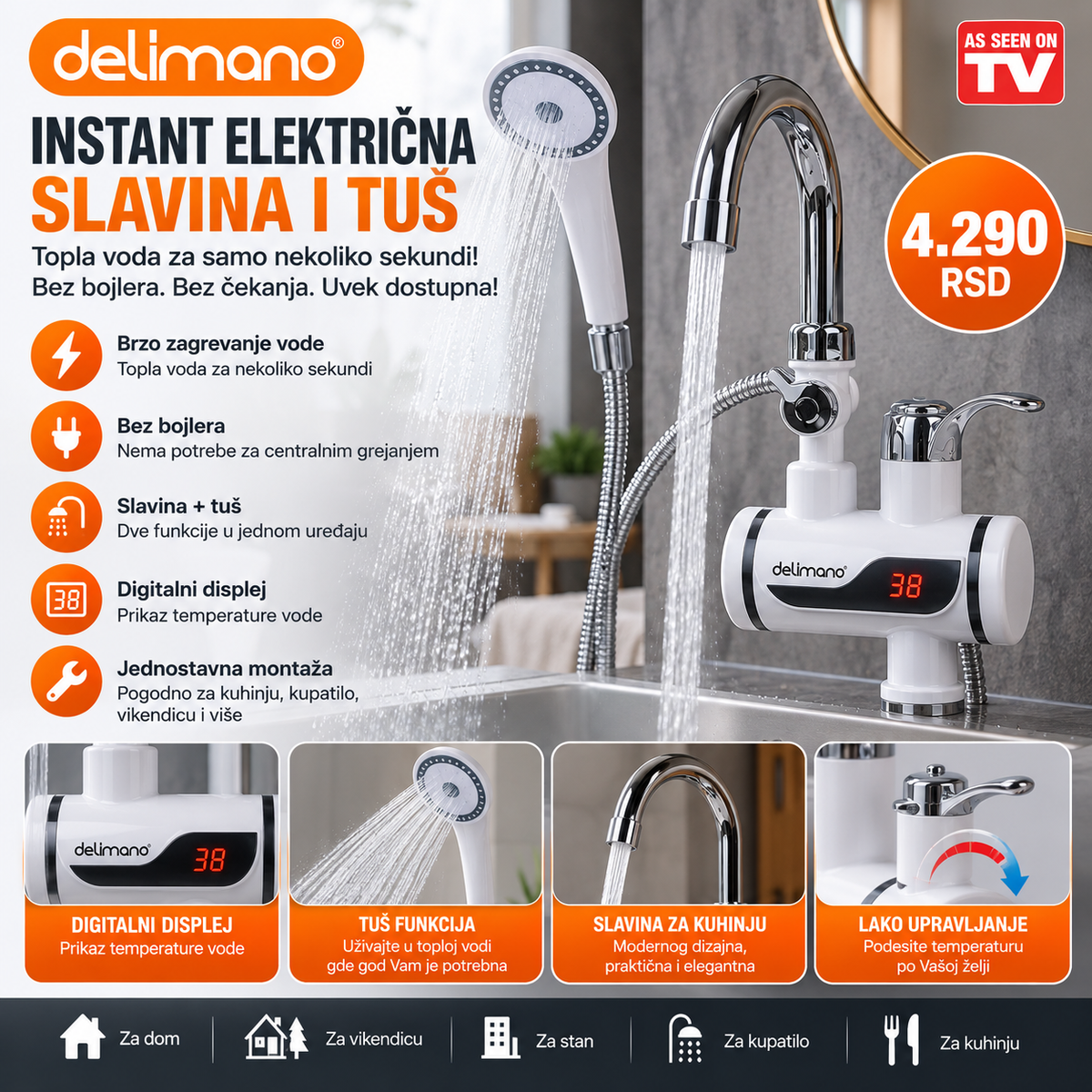 Delimano Instant Električna Slavina sa Tušem – Trenutno Zagrevanje Vode i Digitalni Prikaz Temperature