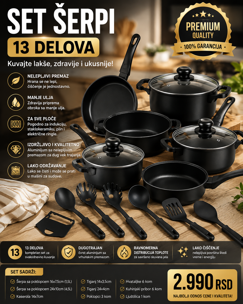 Premium set posuđa 13 delova – šerpe, tiganji, poklopci i kuhinjski pribor