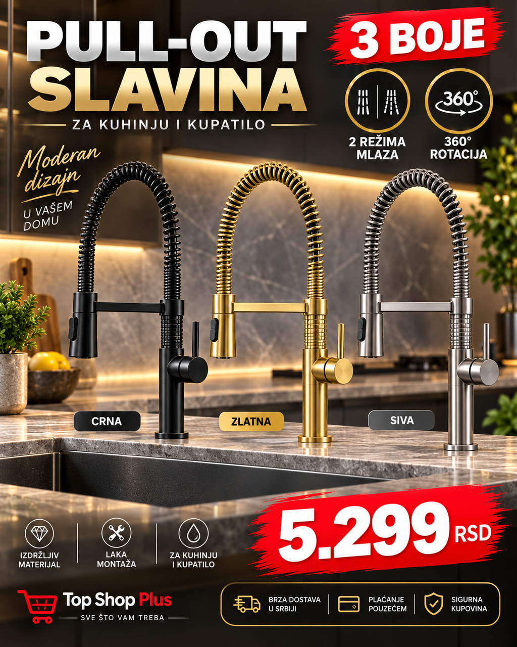 Premium Pull-Out slavina 360° – 2 režima mlaza | 3 boje