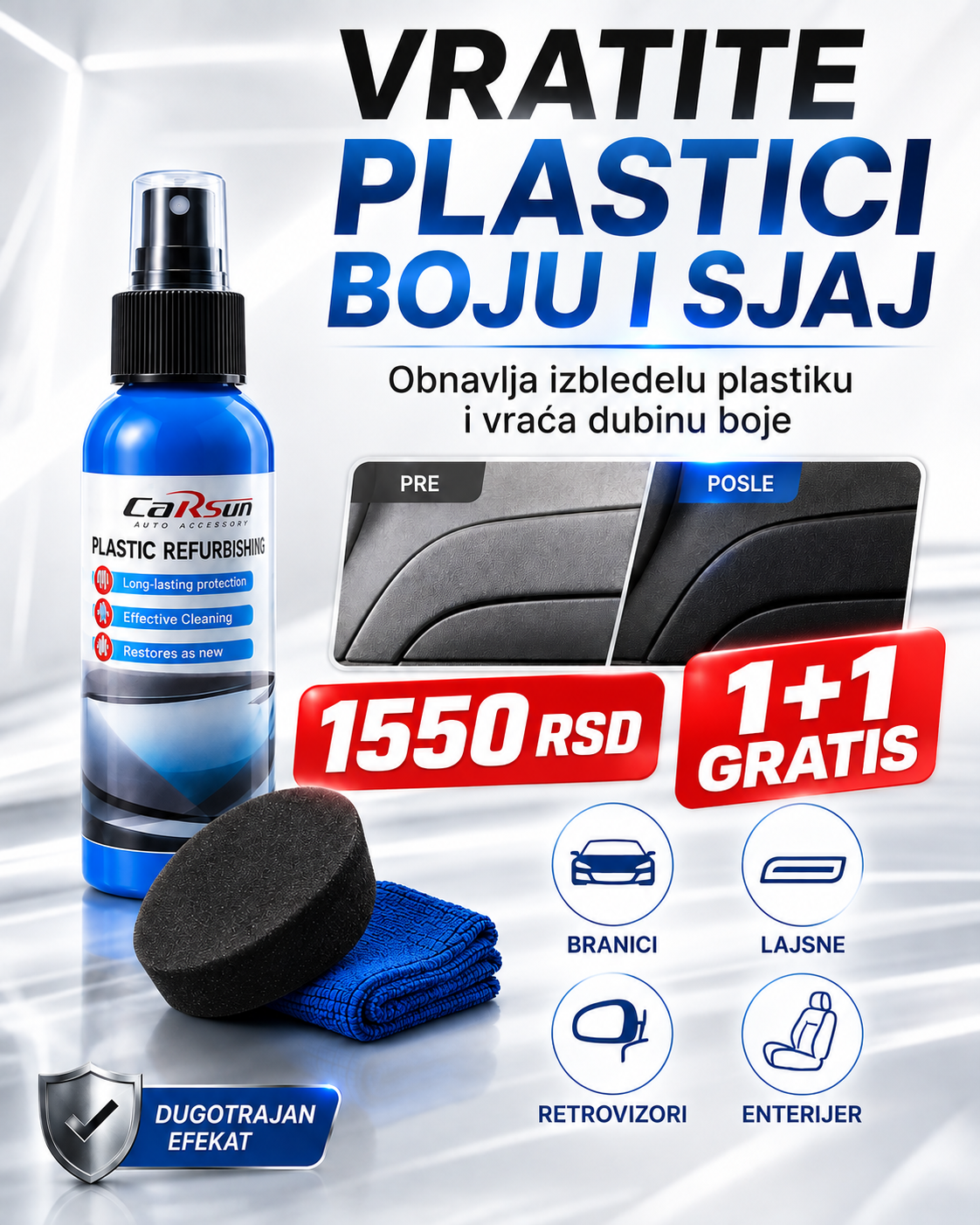 CARsun sredstvo za obnovu i sjaj auto plastike – 1+1 GRATIS | Za enterijer i eksterijer