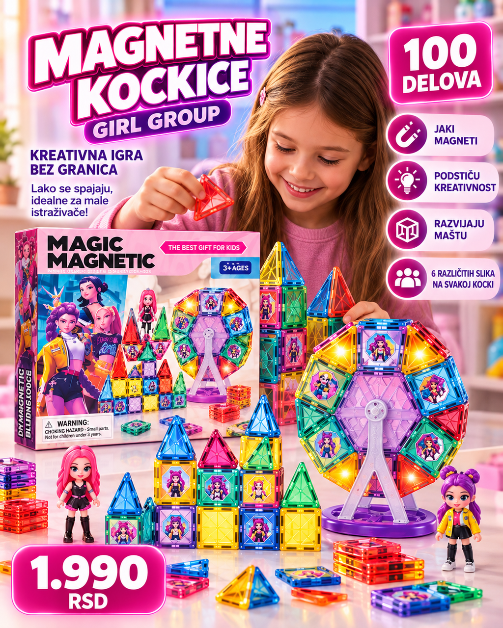 Magnetne kockice za razvoj mašte i kreativne igre -- PREMIUM DELUXE -- Magic Magnetic 100 delova