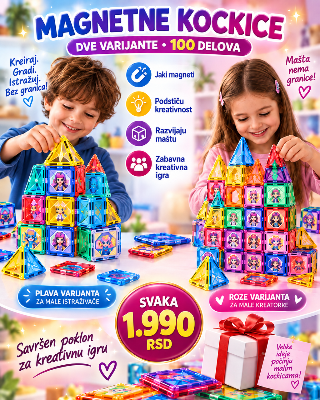 Magnetne kockice za razvoj mašte i kreativne igre -- PREMIUM DELUXE -- Magic Magnetic 100 delova