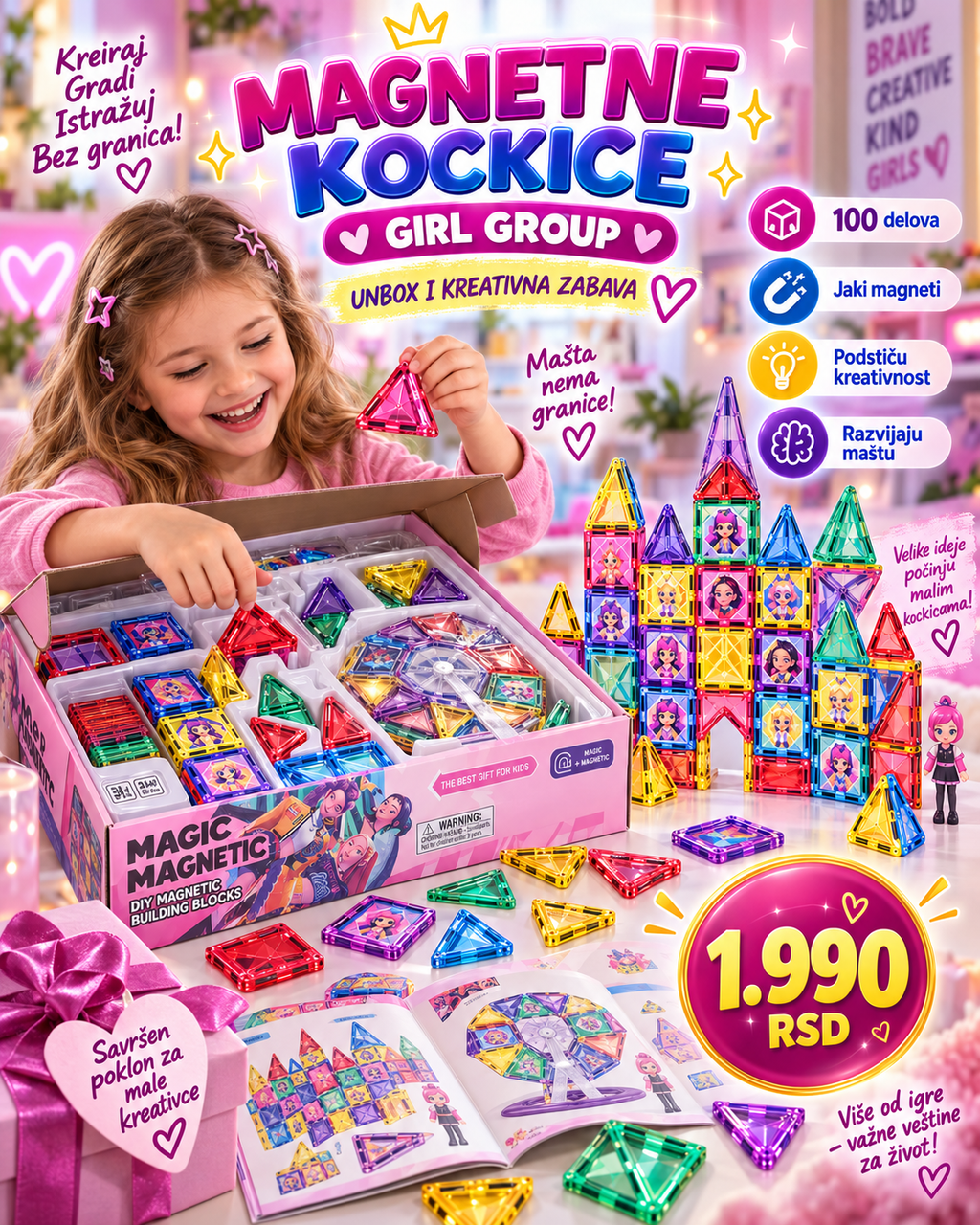 Magnetne kockice za razvoj mašte i kreativne igre -- PREMIUM DELUXE -- Magic Magnetic 100 delova