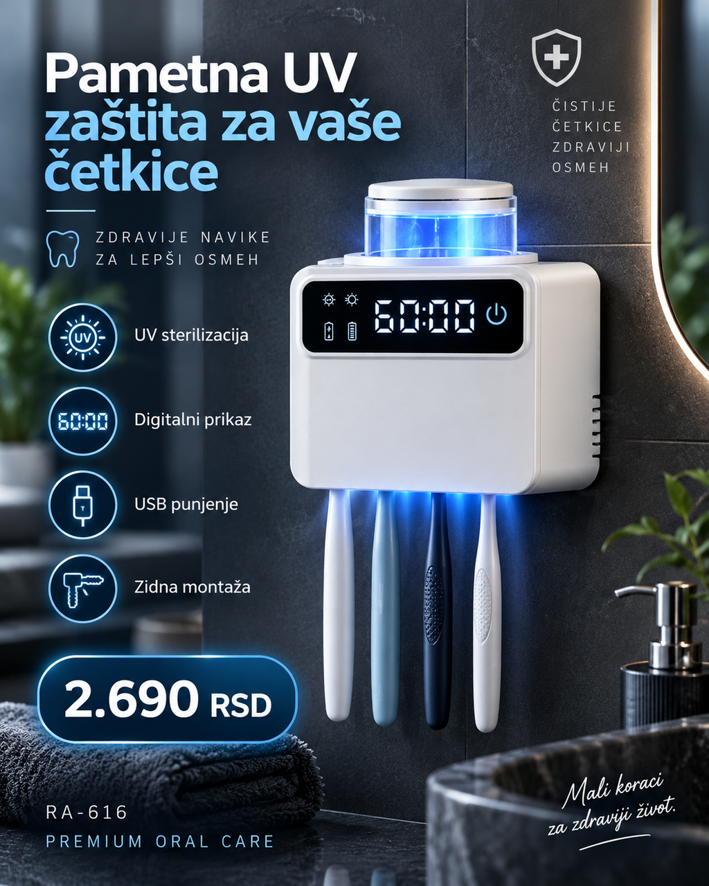 Zidni Organizator za Četkice sa UV Sterilizacijom i Digitalnim Prikazom