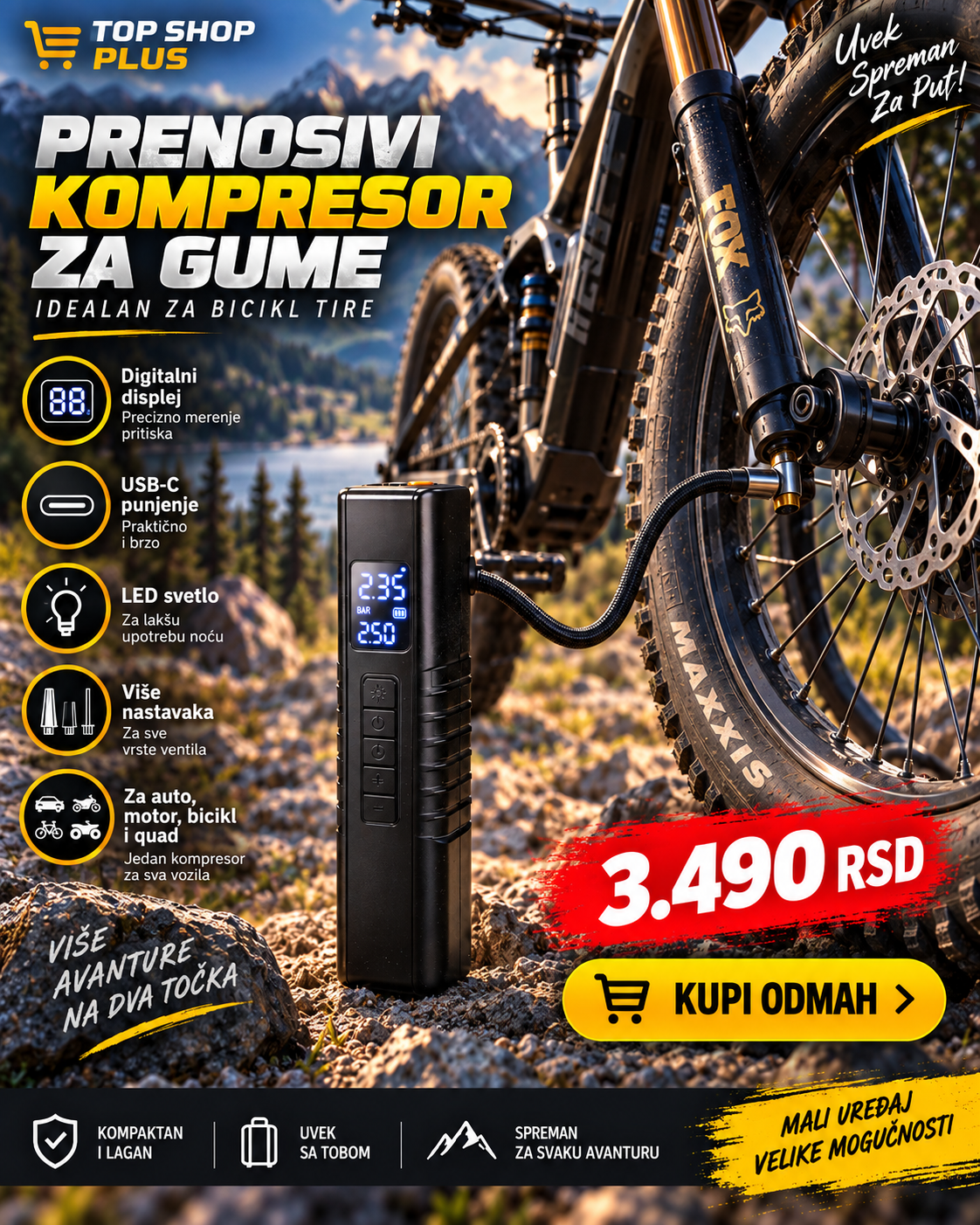 Prenosivi digitalni kompresor za gume – USB-C, LED svetlo i digitalni displej