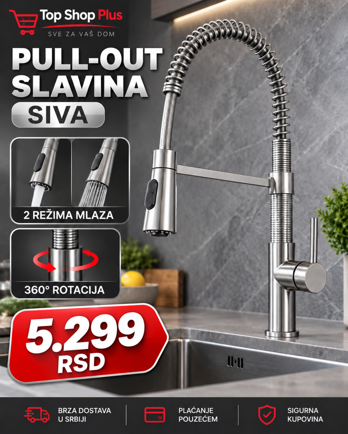 Premium Pull-Out slavina 360° – 2 režima mlaza | 3 boje