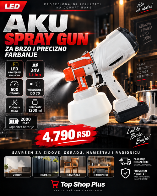 Aku pištolj za farbanje 24V sa LED svetlom – 1200 ml | Bežični Spray Gun