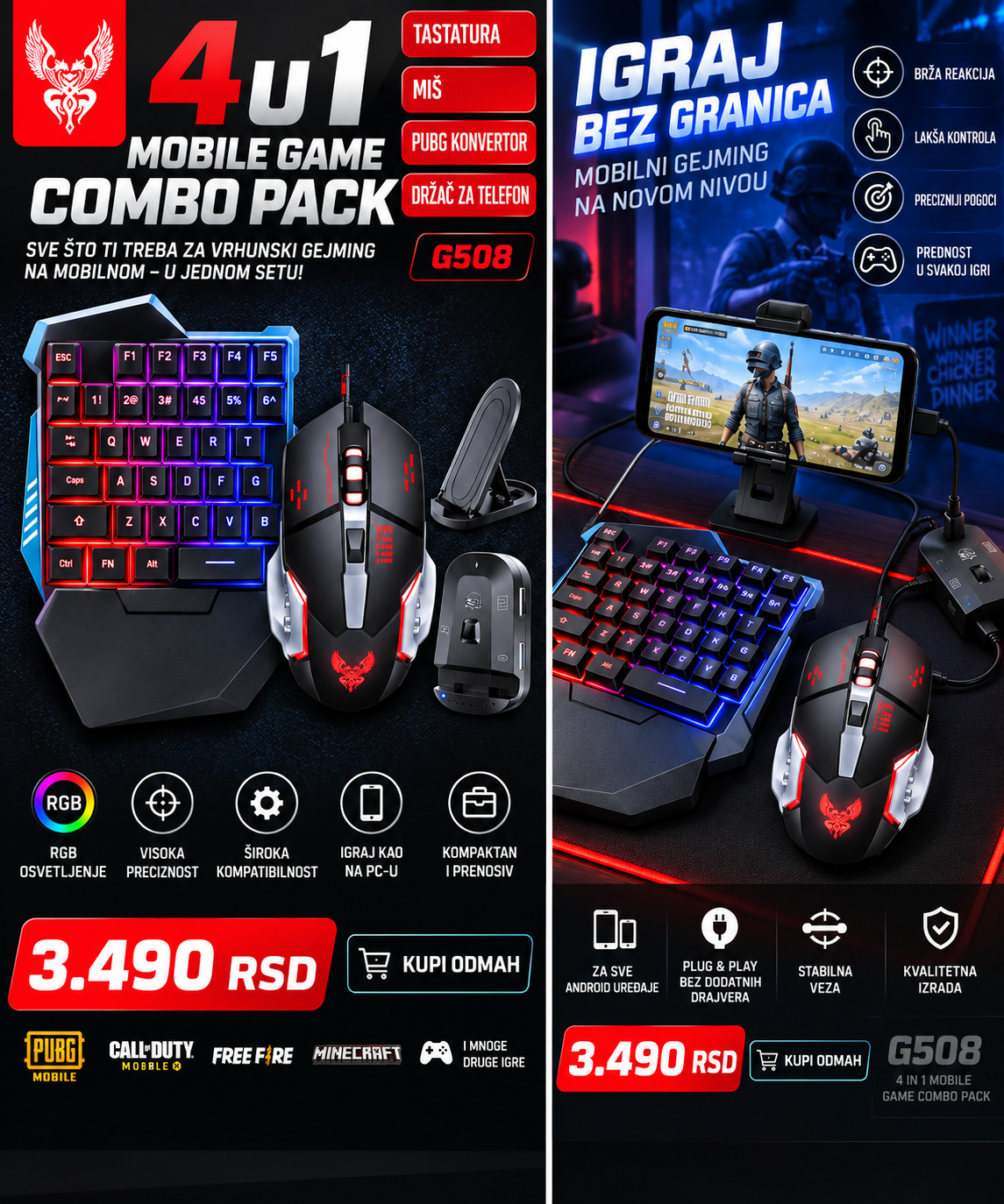 G508 4u1 Mobilni Gaming Combo Set – RGB tastatura, miš, konverter i držač za telefon