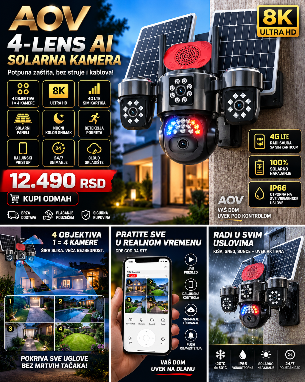 AOV AI Solarna 4G kamera sa 4 objektiva – 360° video nadzor