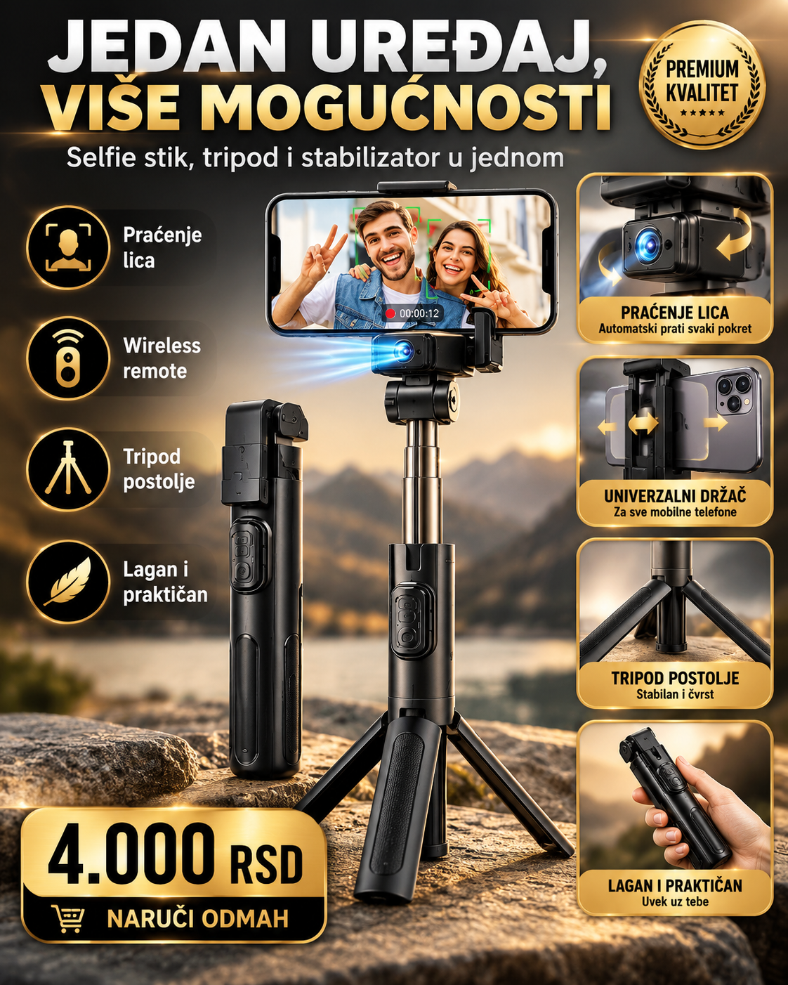 C16 selfie stick tripod stabilizator sa univerzalnim držačem za telefon