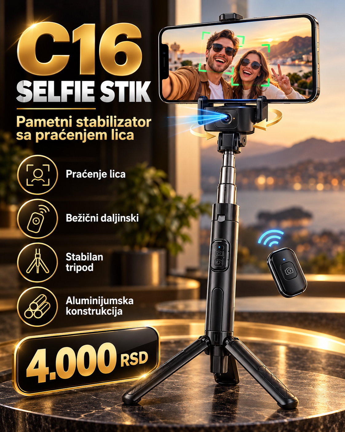 C16 pametni selfie stick stabilizator sa praćenjem lica i bežičnim daljinskim