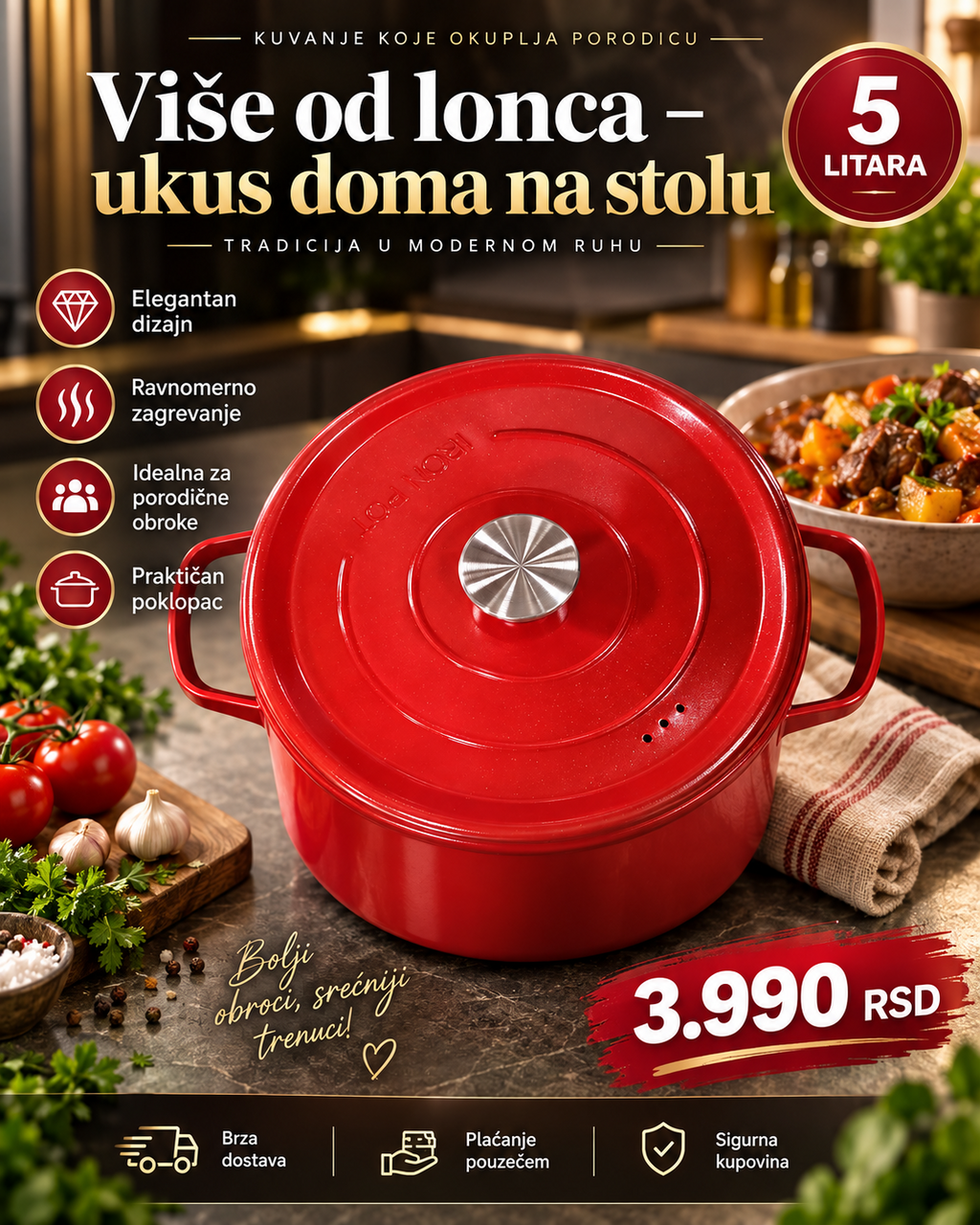 Crveni emajlirani lonac 5L sa poklopcem