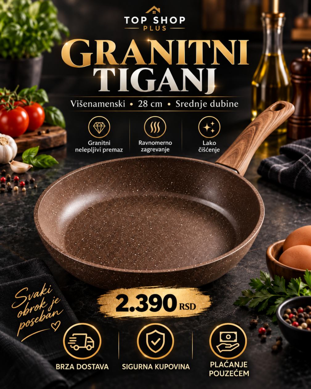 Granitni tiganj 28 cm srednje dubine - Top Shop Plus