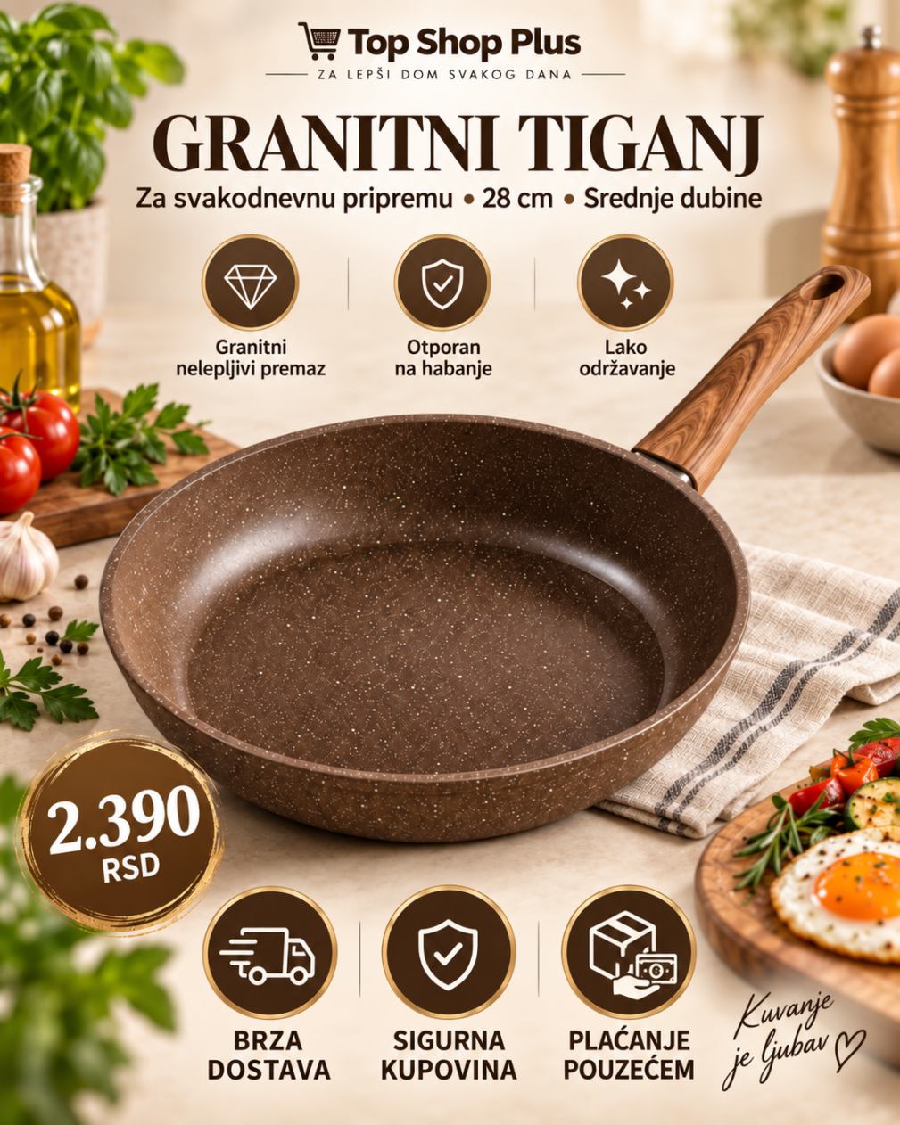 Granitni tiganj 28 cm sa nelepljivom granitnom površinom