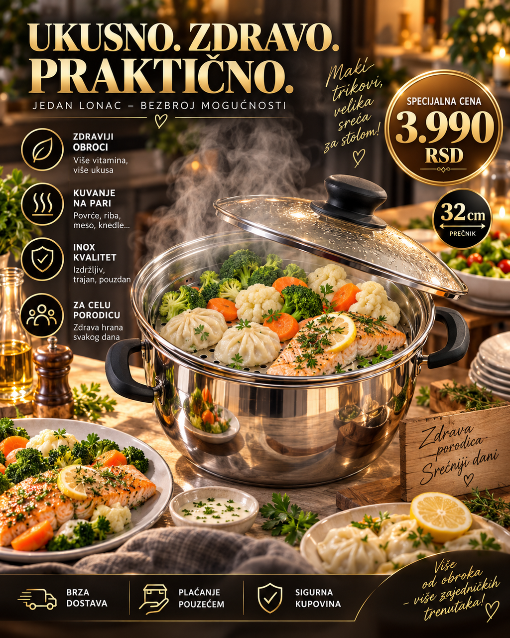 Inox lonac za kuvanje na pari 32 cm u upotrebi