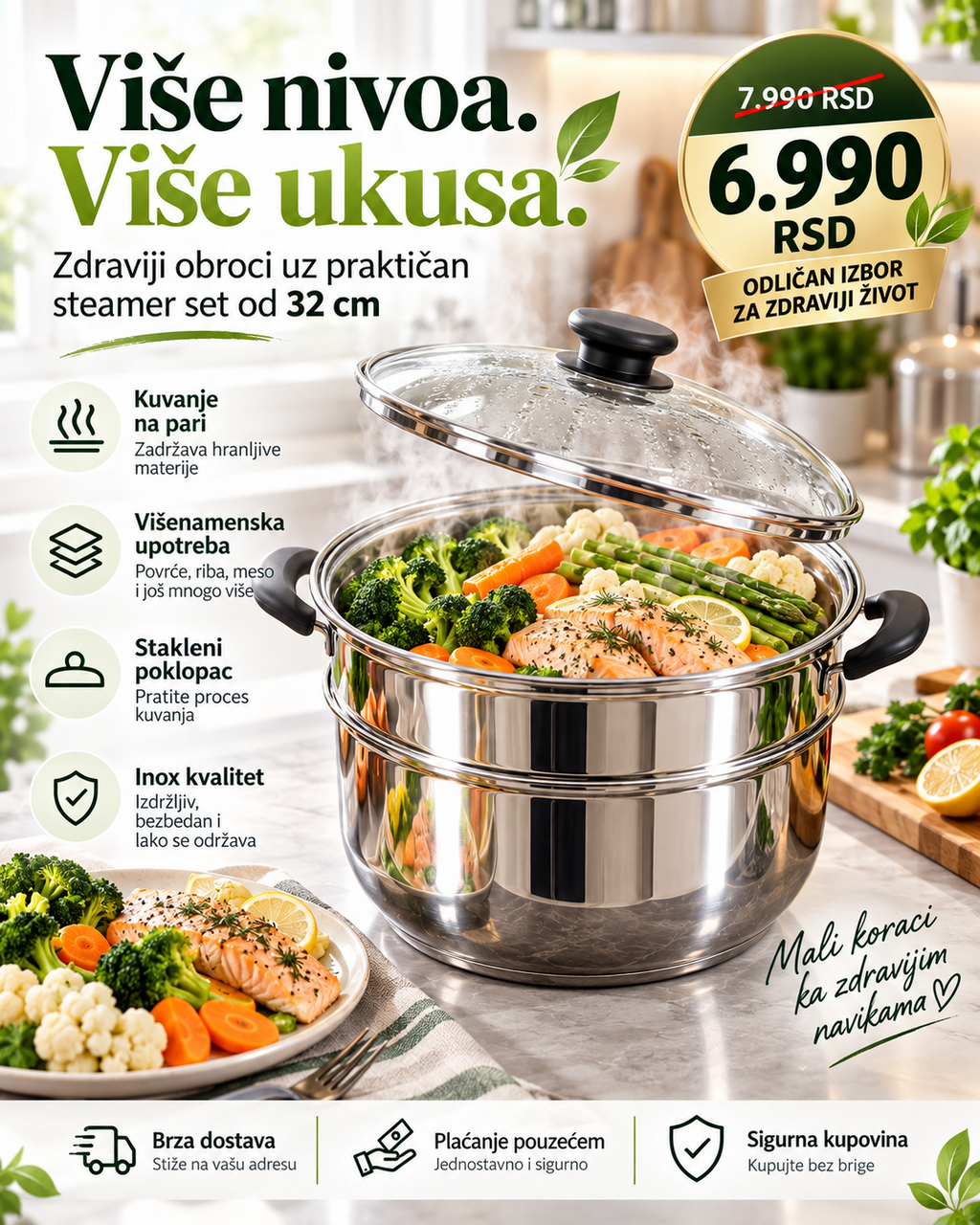 Višenivojski steamer 32 cm sa staklenim poklopcem