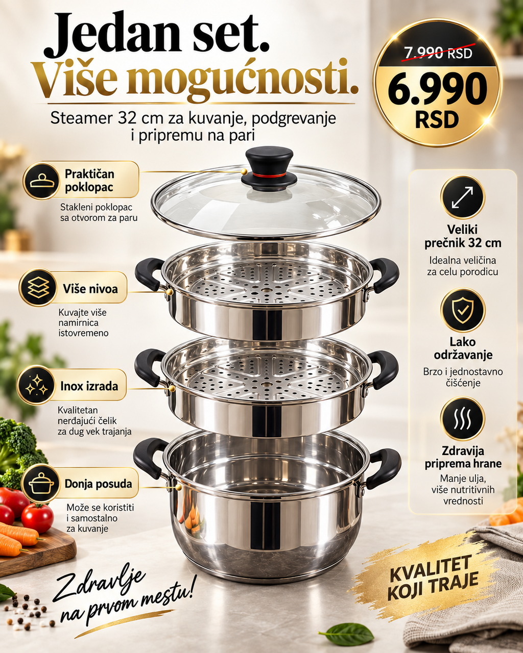 Inox steamer 32 cm sa više nivoa i staklenim poklopcem